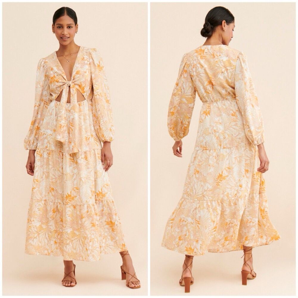 Free the Roses Floral Maxi Dress Size Small Tie Front Cutout Long Sleeve Boho
